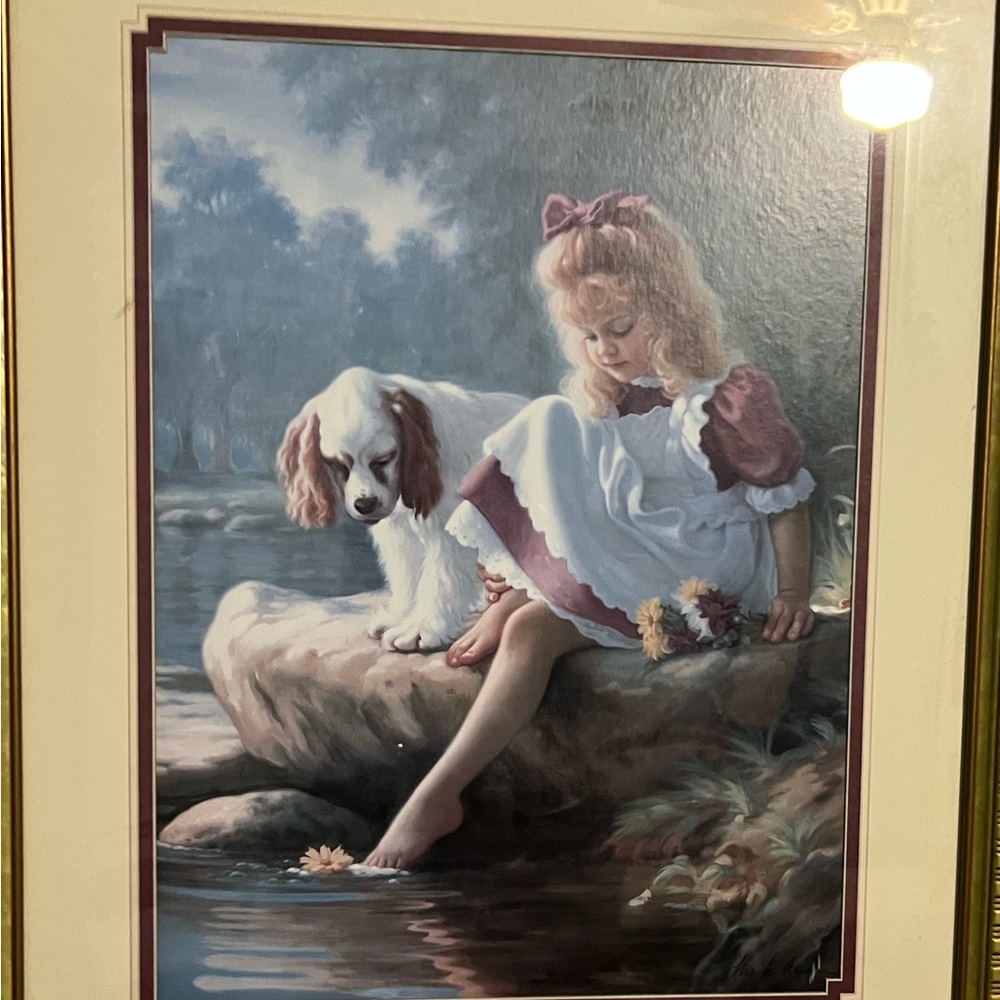 Home Interiors Wall Art with Girl and Dog in Purple and White